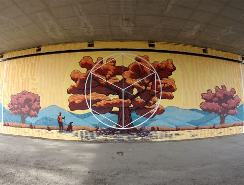 Mural representing Nature and Geometry by Chus and Ivan Tresoldi for Anas and Casermarcheologica in Sansepolcro