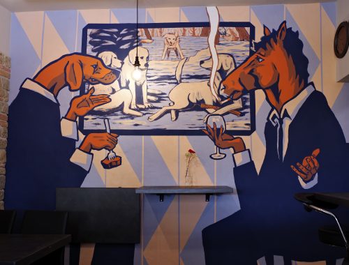 An Anthropomorphic dog and horse Mural Art by Chus for Sorsi e Morsi Ristorante in Sansepolcro Toscana Italia