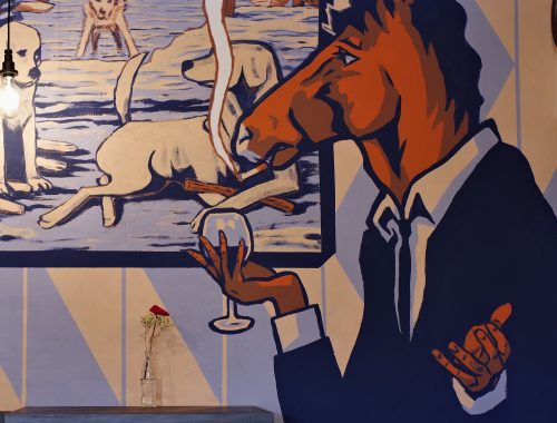 Detail of Horse head smoking a cigarette Mural Art by Chus for Sorsi e Morsi Ristorante in Sansepolcro Toscana Italia
