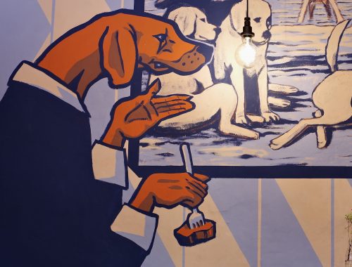 Detail of Dog head eating steak of Mural Art by Chus for Sorsi e Morsi Ristorante in Sansepolcro Toscana Italia