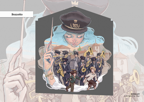 Sketch depicting the Marching band mural, designed by Chus