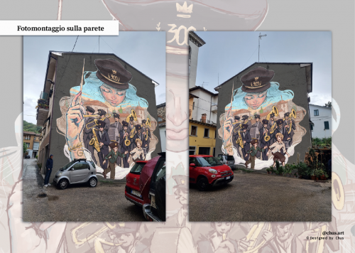 The marching band mural mockups showing the artwork on the wall. Designed by chus