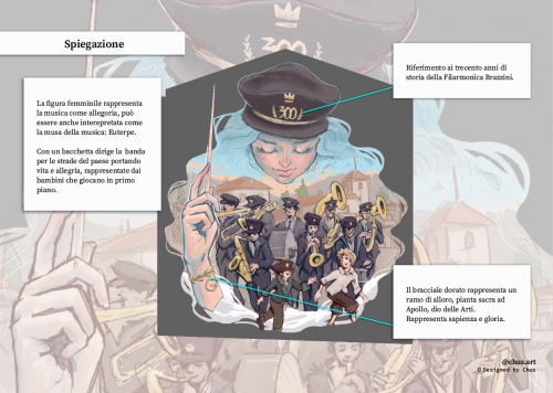Sketch depicting the Marching band mural, designed by Chus, and explaining the concept and symbology.