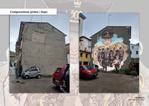 Before and after the marching band mural, mockup comparison. Designed by Chus