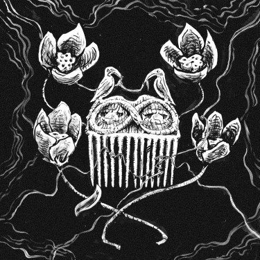 Ink drawing of a cursed carved comb and lotus flowers for Inktober 2020