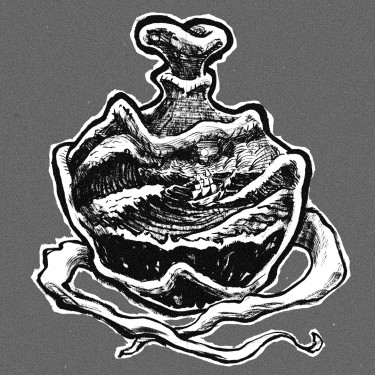 Ink drawing of a vessel sailing on the ocean inside a vase for Inktober 2020