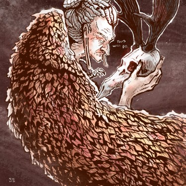 Illustration of a shaman wearing a cape made of leaves and holding a deer skull