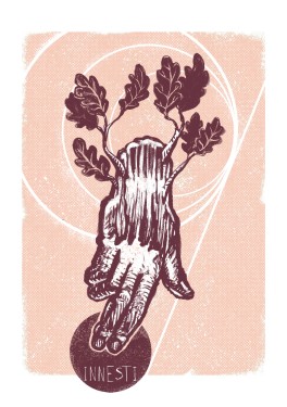 Illustration of a wooden hand overgrown with oak leaves touching a circle containing the word innesti
