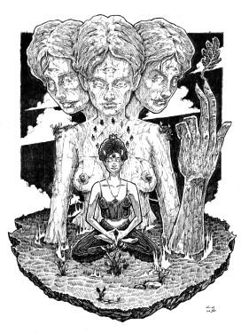 Ink drawing of a woman meditating in a surreal space where a giant sculpture of a 3-headed woman is watching over her