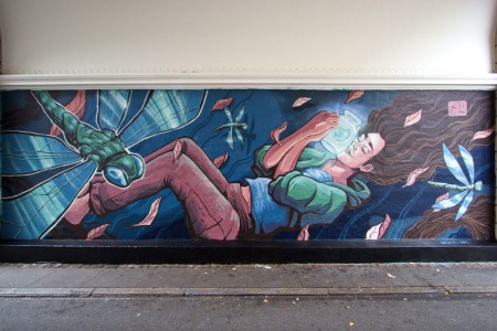 Mural with a Girl a glowy jar dragonflies and leaves Street Art by Chus for Westend Walls in Copenhagen
