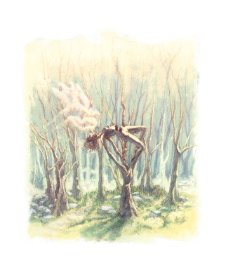 Colored illustration of a haunted forest a tree turns into a bod of a dying woman exhaling her last breath