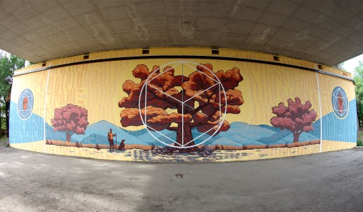 Mural representing Nature and Geometry by Chus and Ivan Tresoldi for Anas and Casermarcheologica in Sansepolcro