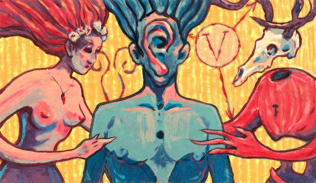 symbolic and surreal painting of a ear-face man meeting a deer-headed demon and a read-haired nymph