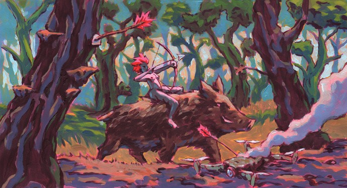 Hunter Acrylic on papeAcrylic on paper illustration of a girl riding a boar hunting drones with bow and arrowr illustration art by Chus