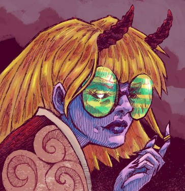 Digital illustration of a demon girl with horns and big round glasses and a kimono art by Chus
