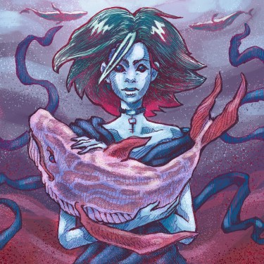 Digital Illustration of a fantasy Girl holding a baby whale while other whales are flying in the background art by Chus