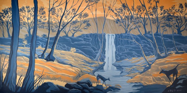 Mural representing a waterfall in a forest and animals approaching art by Chus for Kraftwerket in Copenhagen