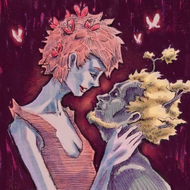 Digital illustration of a couple of fantasy characters in an intimate moment Art by chus