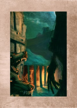 Digital illustration of Hansel receiving a visit from the witch in his cage