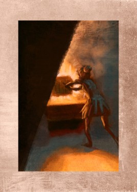 Digital illustration of Gretel closing the oven with the witch inside