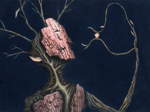 Oil painting of a surreal fantasy character that resambles an anthropomorphic root or tree watching a seashell