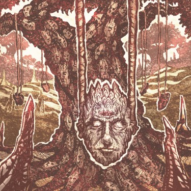 Illustration of a mask carved out of wood hanging from a carved magical tree surrounded by runic stones