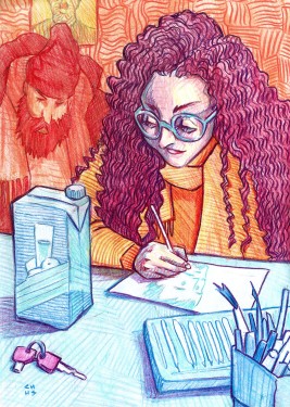 Pop surreal drawing of art supplies and a young woman drawing on a piece of paper
