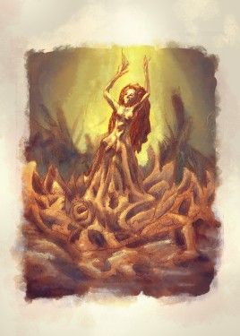 Digital illustration of a woman-like figure raising from the soil