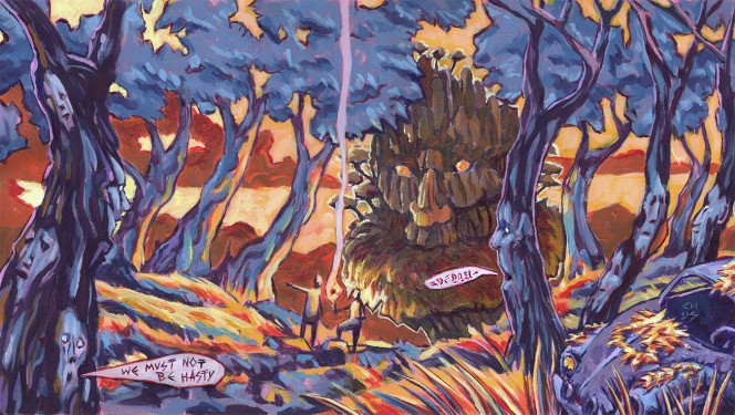 Acrylic painting of a magic forest with talking trees two adventurers and an ent in the background