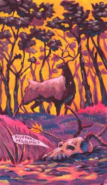 Acrylic on paper illustration of a deer in the forest in the foreground a deer skull struck by am arrow art by Chus