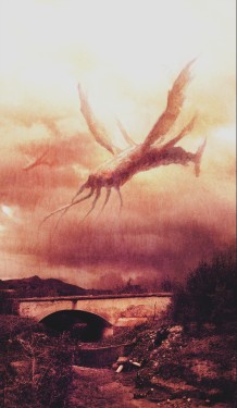 Photo collage of a surreal flying monster hovering over a forgotten bridge