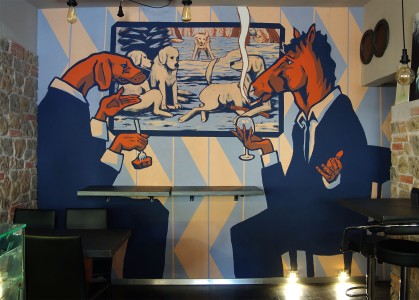 An Anthropomorphic dog and horse Mural Art by Chus for Sorsi e Morsi Ristorante in Sansepolcro Toscana Italia