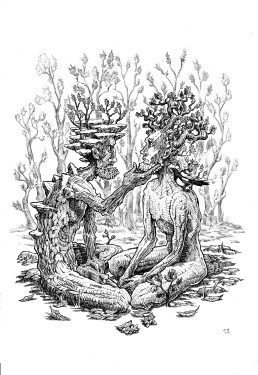 Ink drawing of two tree-men old and young interacting