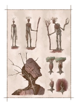 Character design of a TreeMan with the characfter at different ages and close-ups of the head