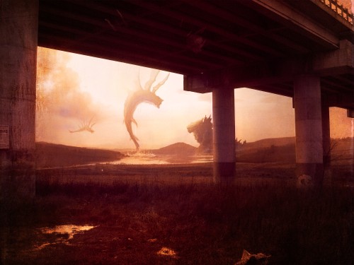 Surreal photo collage showing giant monsters flying in the sky next to a forgotten highway